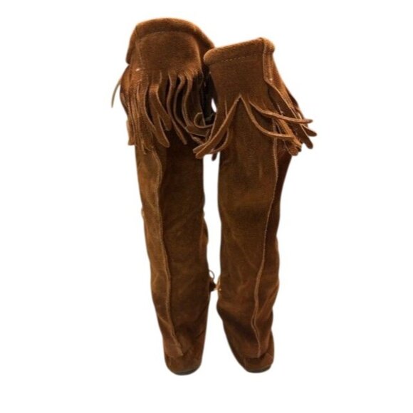 Minnetonka Womens Brown Suede Leather Knee High Lace-Up Fringe Moccasin Boots - Picture 3 of 3
